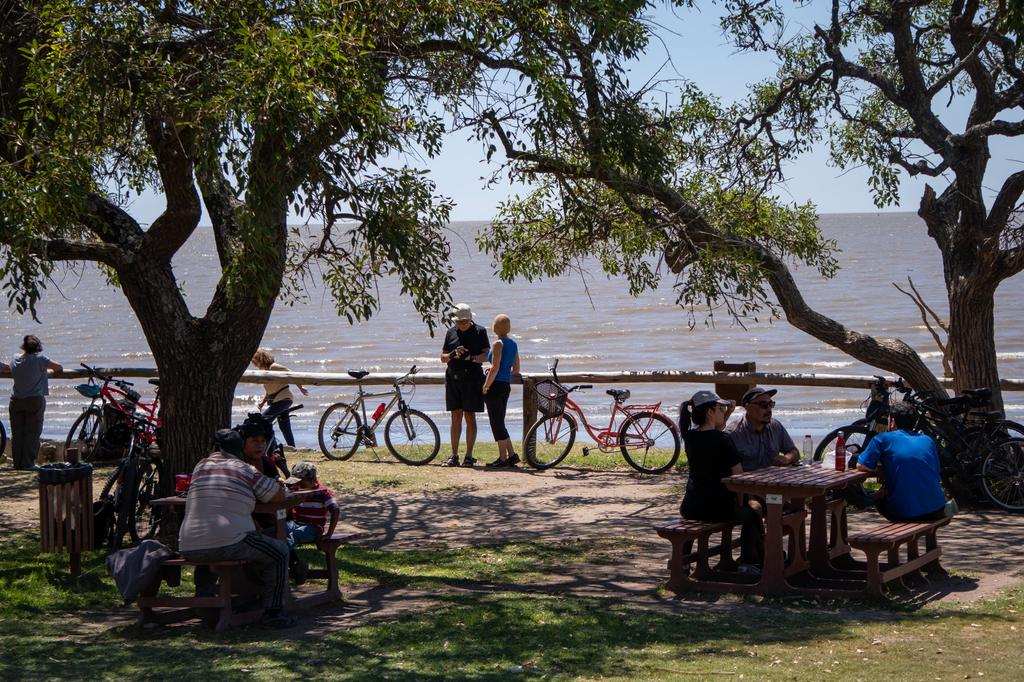 People resting at a riverside park with bicycles parked nearby, large trees providing shade, and the wide brown waters of the Río de la Plata visible in the background under a bright sky.