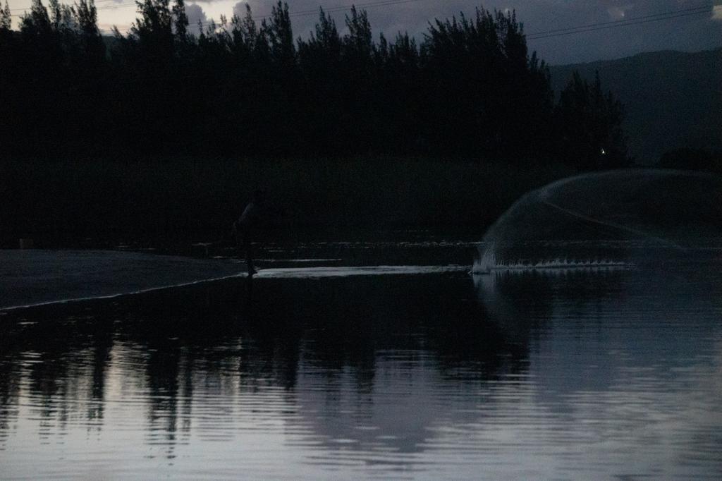 Silhouette of person fishing from shore at twilight with calm water reflections and dark tree-lined hills in background